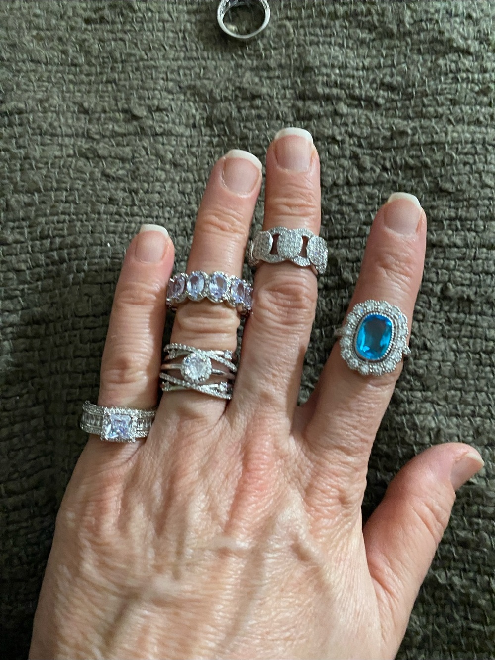Silver-Tone Ring with Bright Blue Oval Gemstone and Pavé Accents - Women Jewelry